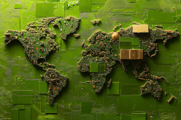 Fototapete - World map constructed from intricate microcircuits