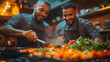 © Anastasia - Gay couple cooking a romantic meal together in the kitchen, one stirring while the other chops vegetables, bright lighting, contrast and smooth lines