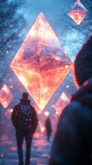Poster - Surreal Winter Evening with Glowing Geometric Shapes in Abstract Setting