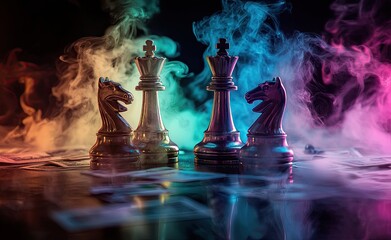 Wall Mural - Chess pieces set against a dark background with haze and fog, using selective focus