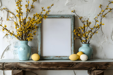 Wall Mural - Bright easter decorations with yellow flowers , blank frame for mockup and colorful eggs on a rustic wooden shelf