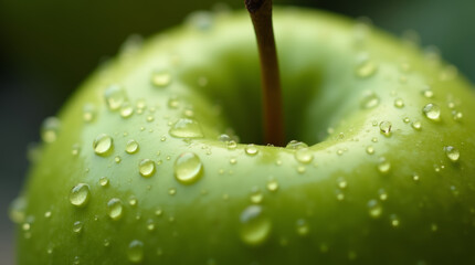 Wall Mural - Close-up of water beads on a green apple