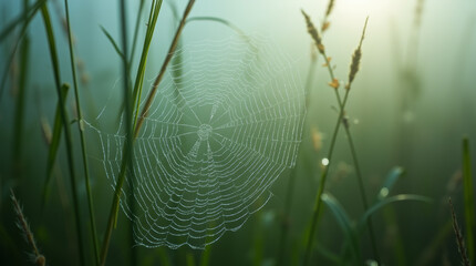 Dewdrops forming tiny prisms on a spider web woven between tall grasses in the mist
