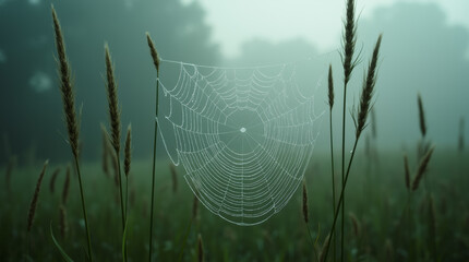 Dewdrops forming tiny prisms on a spider web woven between tall grasses in the mist