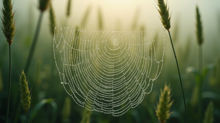 Dewdrops forming tiny prisms on a spider web woven between tall grasses in the mist