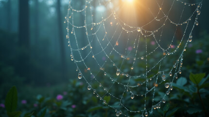 Dewdrops on a spider web, sparkling with rainbow colors, in a misty forest