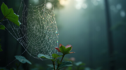 Dewdrops on a spider web, sparkling with rainbow colors, in a misty forest
