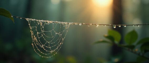 Macro shot of dew drops on a spider web, suspended in front of a blurred forest background