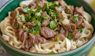 Traditionally prepared Beshbarmak served in a soft green bowl highlighting Kazakh communal dining culture