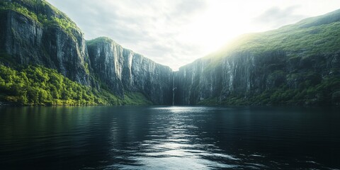 Wall Mural - Fjord waterfall serene landscape, calm water, sunlit cliffs, nature background