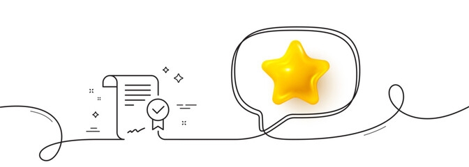 Wall Mural - Approved agreement line icon. Continuous line with 3d star. Verified document sign. Accepted or confirmed symbol. 3d star in speech bubble. Approved agreement single line ribbon. Vector