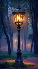 Wall Mural - Foggy park path, lit lamppost, misty night, ambiance, mood