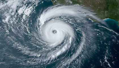 2. A significant hurricane is swirling above the sea close to a shoreline.