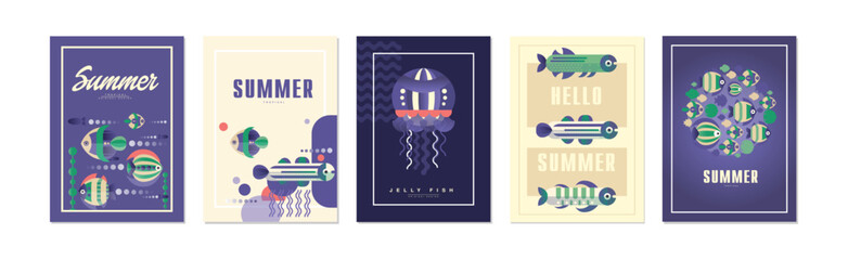 Poster - Summer Ocean and Underwater Banner with Fish Swimming in Sea Vector Set