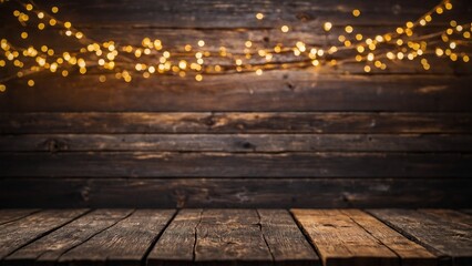 Wall Mural - Rustic wood board mockup surface with gold bokeh string lights on wooden timber barn wall background