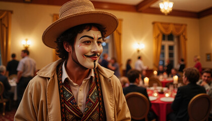 Man in a hat and painted face at a festive indoor gathering