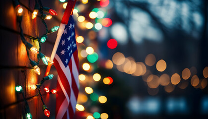 Wall Mural - patriotic christmas theme featuring festive lights, flags, and holiday d?(c)cor -