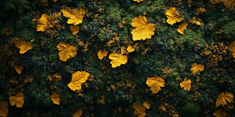 Wall Mural - Golden leaves on moss, autumnal backdrop