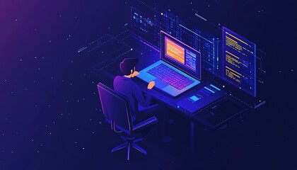 Poster - Programmer or Computer Engineer working on a laptop with server room, IT, technology and database. Concept of digital technology, IT support, telecommunications and IT security, HD image