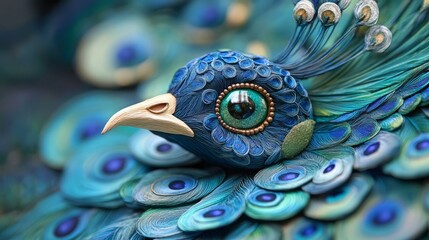 Intricate quilling art of a vibrant blue peacock sculpture with detailed feathers