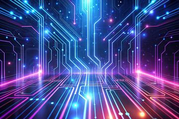Poster - Glowing neon circuit board lines, digital technology background.