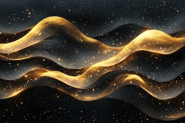 Wall Mural - Abstract golden particles flowing over a dark wavy pattern, creating a luxurious and elegant background