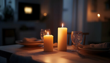 Wall Mural - Romantic candlelit dinner table setting creating a warm and intimate ambiance  -