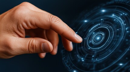 Poster - hand reaches towards a futuristic digital interface filled with glowing elements and circular patterns, signifying advanced technology and user interaction in a high-tech environment