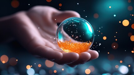 Poster - hand elegantly supports a luminous orb containing vivid orange particles that sparkle against a dark background, creating a mystical atmosphere filled with wonder