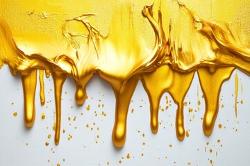 Wall Mural - Liquid golden paint dripping on plain white background, creating an abstract textured design