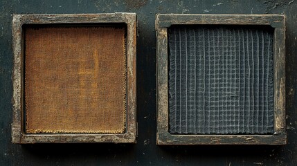 Wall Mural - Two distinct fabric samples displayed in wooden frames on a dark surface