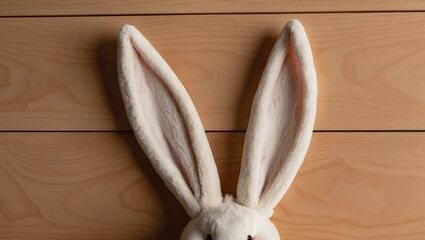 Wall Mural - Closeup of a soft toy bunny with long ears against wooden background in Phoenix