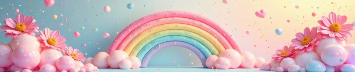 Wall Mural - Pastel rainbow backdrop with whimsical elements, colorful, cotton candy