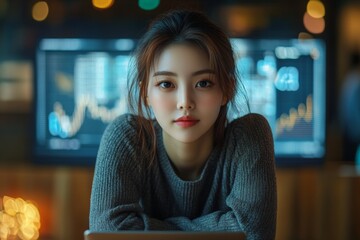 Aufkleber - Focused Korean Woman Analyzing Financial Data in Abstract Digital Environment