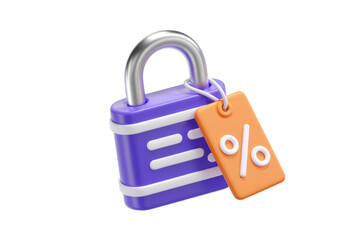Poster - 3D render of a purple padlock with an orange percentage tag, symbolizing secured discounts. background removed
