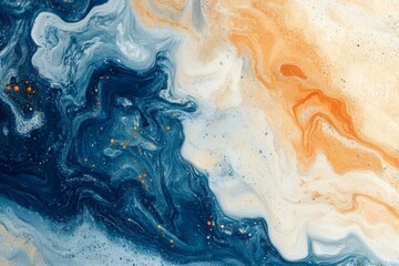 Wall Mural - Fluid acrylic painting combining blue, orange, and gold colors with a swirling and marbled effect, ideal for backgrounds and artistic projects