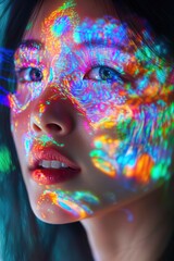 Poster - A woman's face painted with glowing colors, suitable for futuristic or sci-fi themes