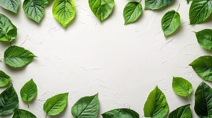 Wall Mural - Fresh green leaves arranged in a decorative frame on a neutral background