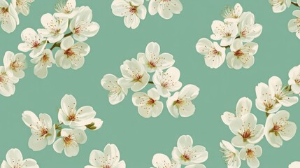 Wall Mural - Seamless pattern of white cherry blossoms on green background