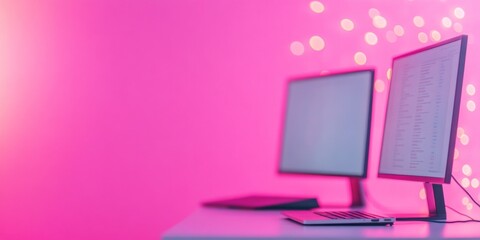 Leinwandbilder - Futuristic Office With Dual Monitors Against Neon Pink Background