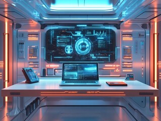 Aufkleber - Futuristic Control Room Digital Interface, Data Flow, and Holographic Projections