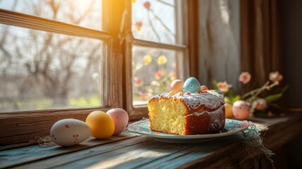 Decorated easter cake with colorful eggs by a sunlit window