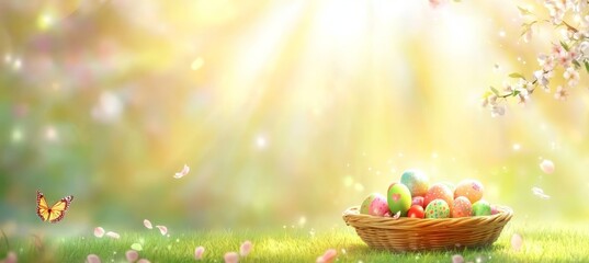 Wall Mural - Colorful easter eggs in basket on sunny spring day with blossoms and butterfly