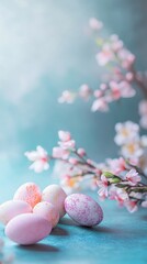 Wall Mural - Pastel easter eggs with cherry blossoms on turquoise background