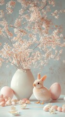 Wall Mural - Adorable bunny with pastel blossoms and eggs in a serene spring setting