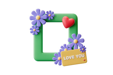 Poster - 3D rendering of a green frame decorated with purple flowers, a red heart, and a 'Love You' card. background removed