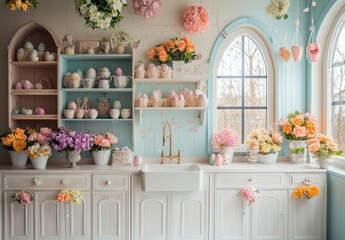 Wall Mural - Pastel easter kitchen decor with floral arrangements and vintage ceramics