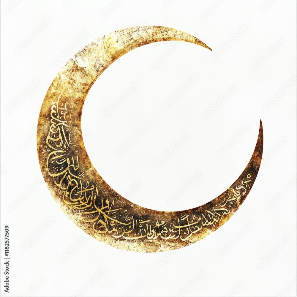 Minimalist golden crescent moon with Arabic calligraphy accents on a ...