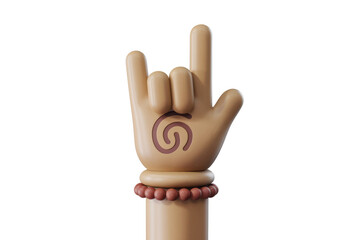 Poster - A 3D cartoon hand showing rock-on gesture with a spiral symbol on the palm and a beaded bracelet. background removed