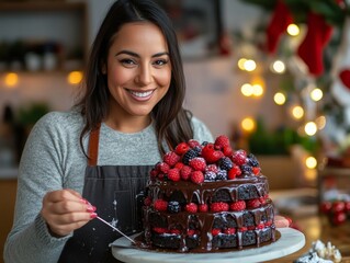 Wall Mural - Warm Winter Kitchen Latina Chef Crafting a Berry-Topped Chocolate Cake